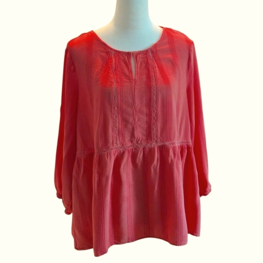 fever Women's XL Coral Blouse Textured Stripes 3/4 Sleeve Open Weave Eye Hook